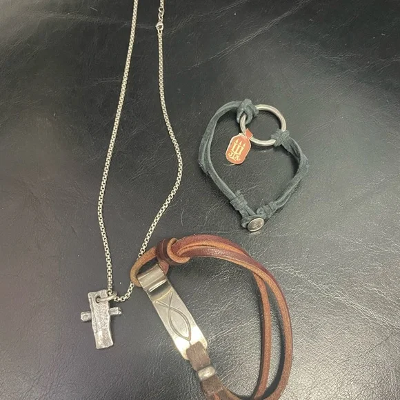 JAMES Men LOT Religious Cross Bracelet and Necklace Brown and Silver